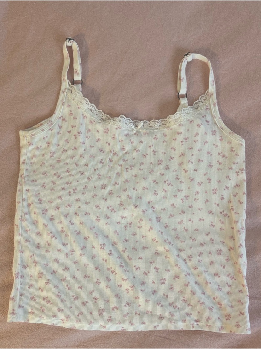 Hollister White Cami with Pink Floral Print and Lace Trim
